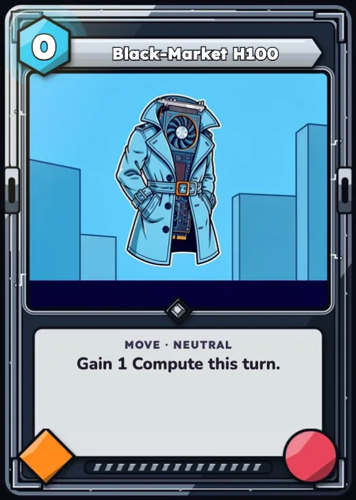 Black-Market H100, a 0 Compute Neutral Move card: gain 1 Compute this turn. The art shows a graphics card hidden inside a trench coat.