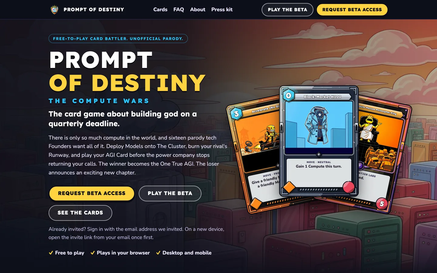 The Prompt of Destiny site on a desktop: the title, the pitch, Request beta access and a fan of three cards