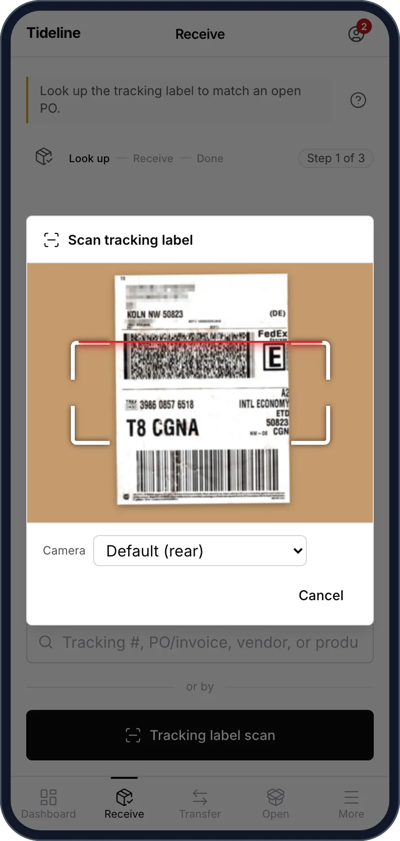 Tideline on a phone, receiving a parcel: the camera frames a hand-held shipping label while a red line sweeps it to scan the tracking barcode